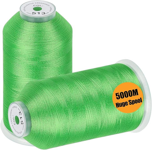 New brothread - 2 Huge Spools 5000M Each Polyester Embroidery Machine Thread 40WT for Commercial and Domestic Machines - Lime Green
