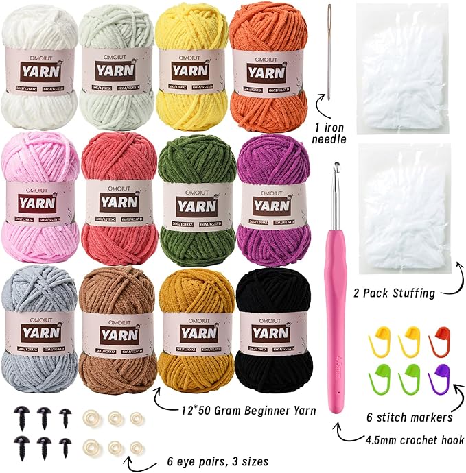 12 Pack Chenille Velvet Yarn - Baby Yarn for Crocheting Soft - Amigurumi Yarn Set with 600g(787yd) Crochet Yarn Crochet Hook、Stitch Markers、Fluffy Stuffing、Accessories C