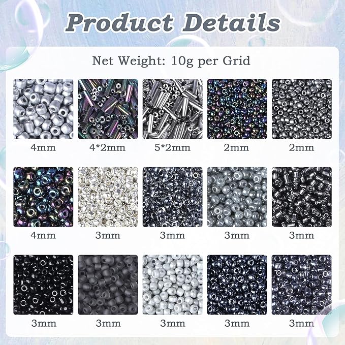 DUQGUHO Black Beads for Bracelet 4mm Black Glass Seed Beads Kit 15 Color 3mm 2mm Small Plastic Tube Bead for Jewelry Making Craft DIY