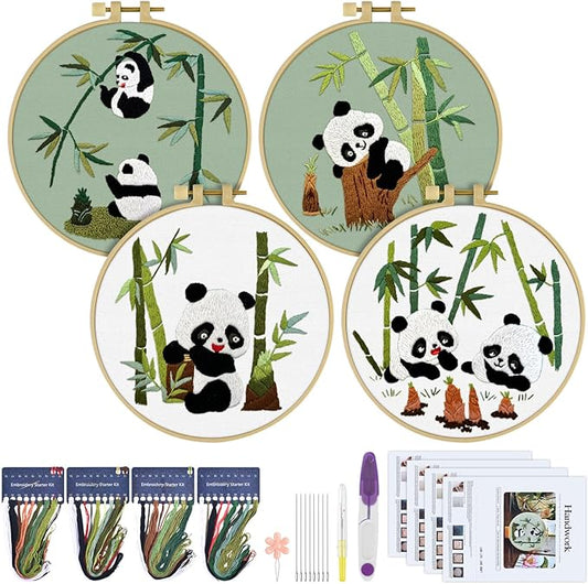ERKOON 4 Sets Embroidery Kit for Beginners, Animal Cross Stitch Set for Adult Include Embroidery Cloth Hoops Threads for Craft Lover Hand Stitch (Panda)