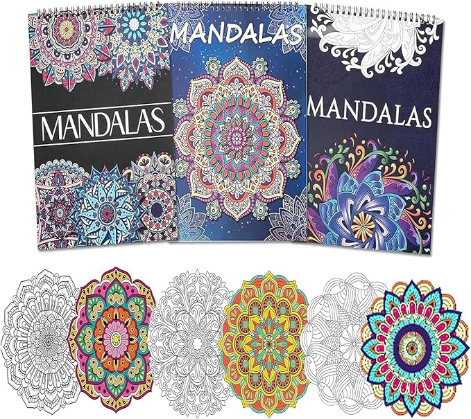 Ilyever 3 Pack Mandala Coloring Book Set for Adults, 60 Unique Mandala Designs for Stress Relief & Relaxation, Spiral Bound Coloring Books for Adults or Women
