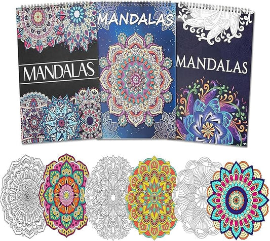 Ilyever 3 Pack Mandala Coloring Book Set for Adults, 60 Unique Mandala Designs for Stress Relief & Relaxation, Spiral Bound Coloring Books for Adults or Women