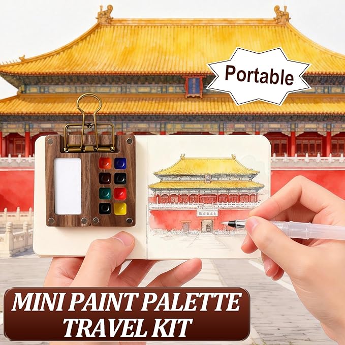 Mini Watercolor Travel Paint Set, 8 Grid Mini Portable Watercolor Palette with A Clip, Wooden Mini Paint Palette with Colours, Book, Binder Clips, Watercolor Pens for Painters Artists Students
