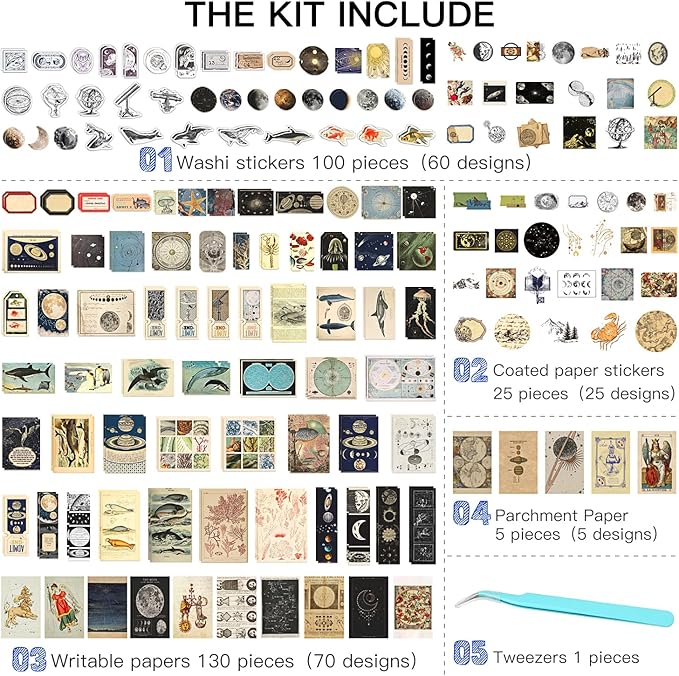 Aromoty 260 Pieces Vintage Art Scrapbooking Supplies Stickers,Aesthetic Washi Stickers Paper Kit Stationary Junk Bullet Journals,Daily Planner,DIY Craft Tweezers Cottagecore Decor