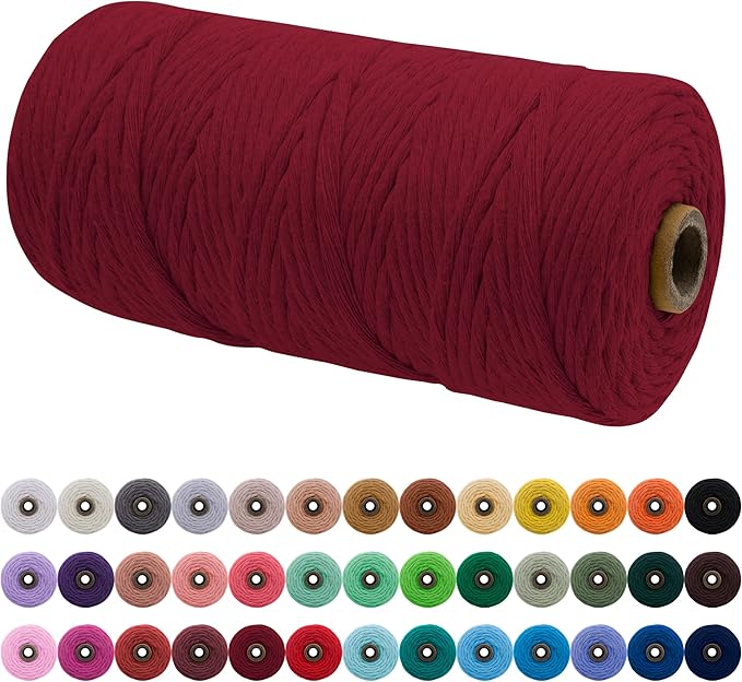JeogYong Single Strand Macrame Cord 3mm x 109 Yards (328 Feet) Soft Cotton Rope Macrame Yarn 3 mm Macrame Cord, Macrame Supplies for Crafts Wall Hangings Plant Hangers Decorations (Wine Red)