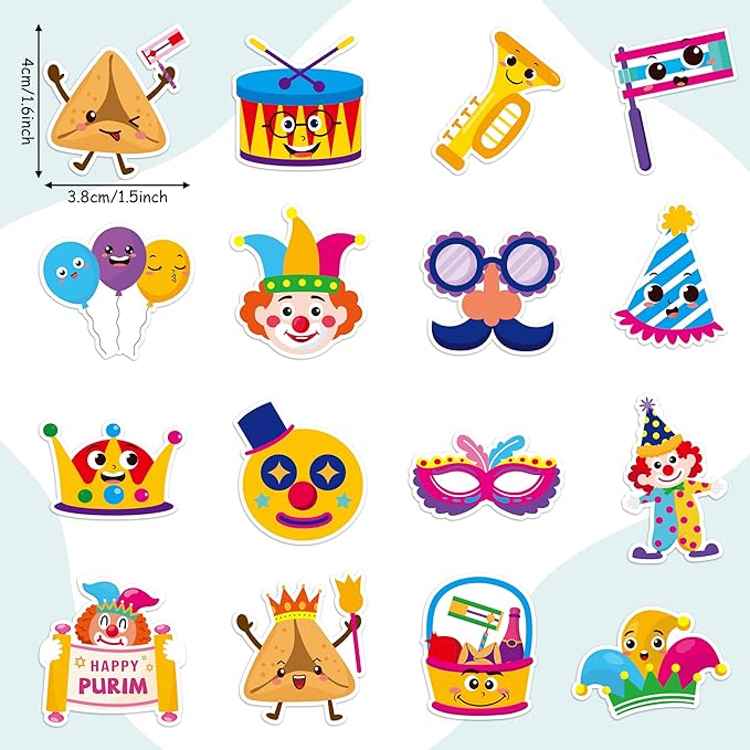 beyumi happy purim sticker roll - 1000pcs happy purim stickers in 2 rolls cute waterproof vinyl masque crown jewish holiday celebration decals gift carnival party laptop bottle scrapbooking decor kids