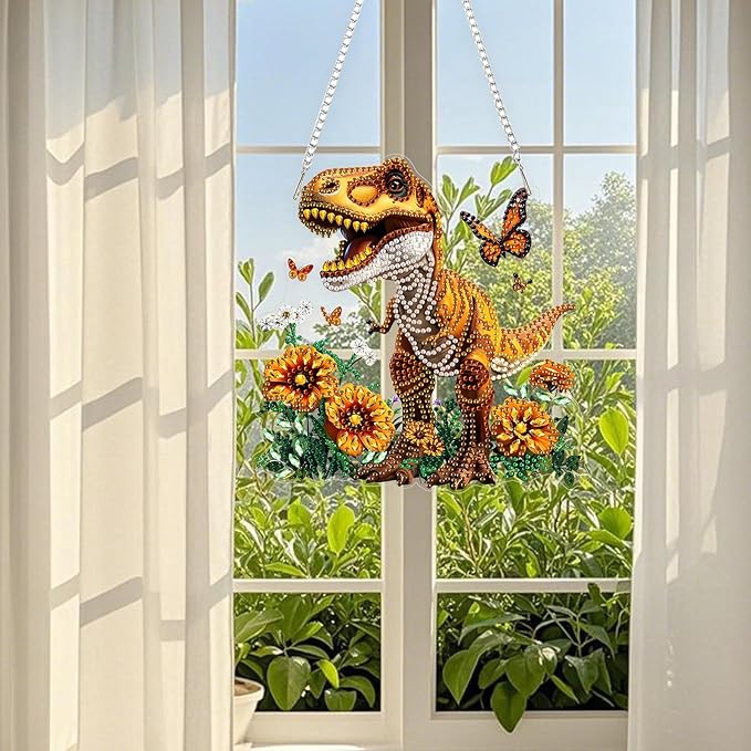 TOSTOG Mighty Dinosaur Diamond Art Pendant Kit for Adult, Yellow Diamond Painting Hanging Kit for Beginners, 5D DIY Crafts Gem Art, Waterproof Full Accessories for Home Decor Idea 20 * 20 cm/8 * 8 in