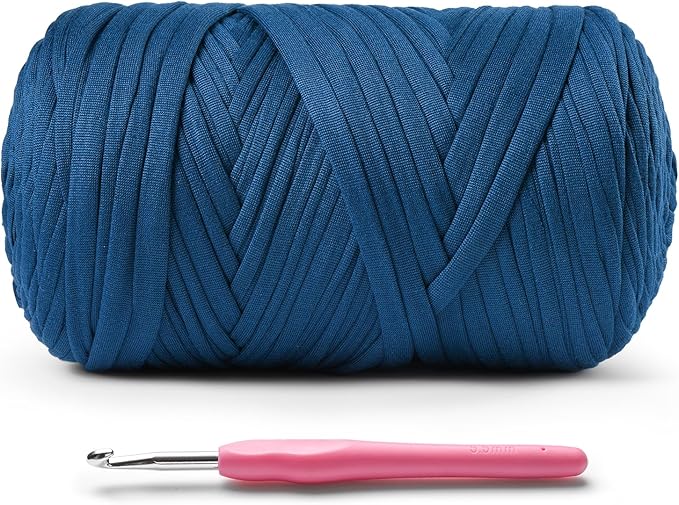 Elastic Fabric T Shirt Yarn for Crocheting，Beginner Crochet Yarns with Polyester Spandex Blend,Total 400g/114yds Soft Tshirt Yarn for Crochet Crafts/Bags/Baskets（Denim Blue）
