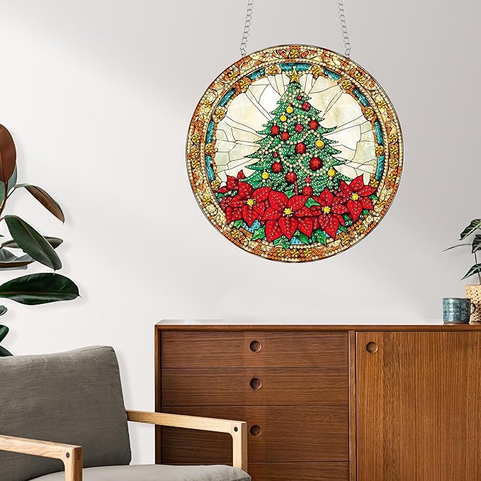 Reofrey Hanging Diamond Art Kits for Adults - 8x8 Inch Christmas Tree Acrylic Board Double Sided Pattern Diamond Art Suncatcher Pendant, Crystal Art for Home Wall Window Decoration Handmade Gift