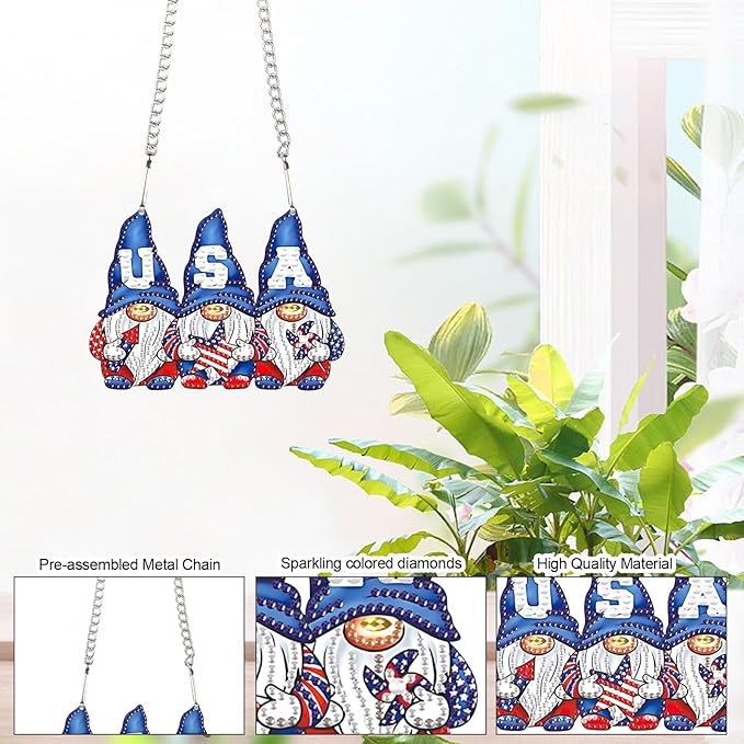 AiYuanzsh 5D Diamond Painting Hanging Pendant Kit – Independence Day Gnome 5D Diamond Art Dots Acrylic Pendant Craft for Adults – Crystal Rhinestone Suncatcher for Door Wall Window Decor