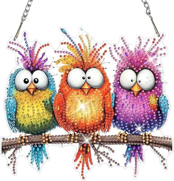 NAIMOER Funny Birds Diamond Art Hanging Kits for Adults 5D Special Shaped Rhinestone, DIY Acrylic Diamond Art Painting Window Pendants Home Garden Wall Hanging Ornament Kits, Double Sided