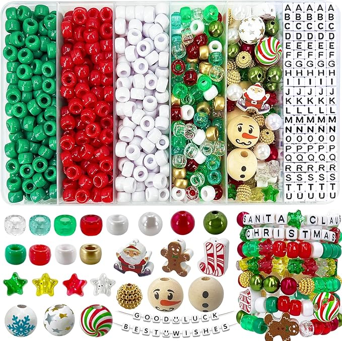 MIIIM 1300 Pcs Christmas Pony Beads Kit for Friendship Bracelet, 20 Styles Kandi Bracelet Kit in Box with Individual Compartments, Hair Beads for Braids, Letters (Christmas)