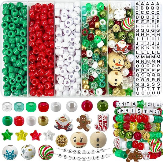 MIIIM 1300 Pcs Christmas Pony Beads Kit for Friendship Bracelet, 20 Styles Kandi Bracelet Kit in Box with Individual Compartments, Hair Beads for Braids, Letters (Christmas)