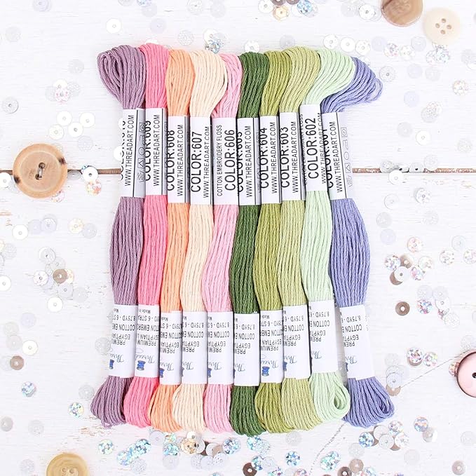 ThreadArt Premium Egyptian Long Fiber Cotton Embroidery Floss Thread Kit in Spring Flower Colors - Six Strand Set for Hand Embroidery, Friendship Bracelets, Cross stitch and Crafts