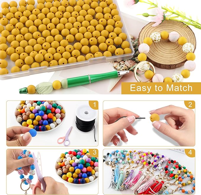 160Pcs 12mm Silicone Beads for Keychain Making Bracelet Necklace, Bulk Round Silicone Beads for Pens(Mustard Yellow)