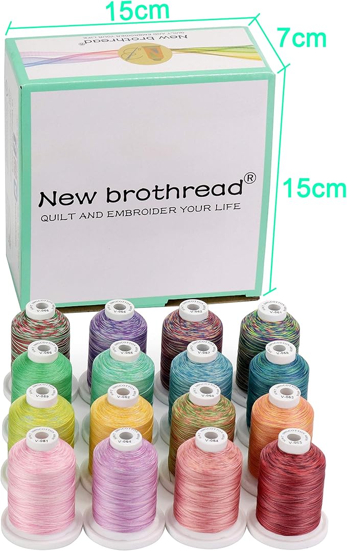 New brothread - 18 Options - Multi-Purpose 100% Mercerized Cotton Threads 50S/3 600M(660Y) Each Spool for Quilting, Serger, Sewing and Embroidery - 16 Variegated Colors