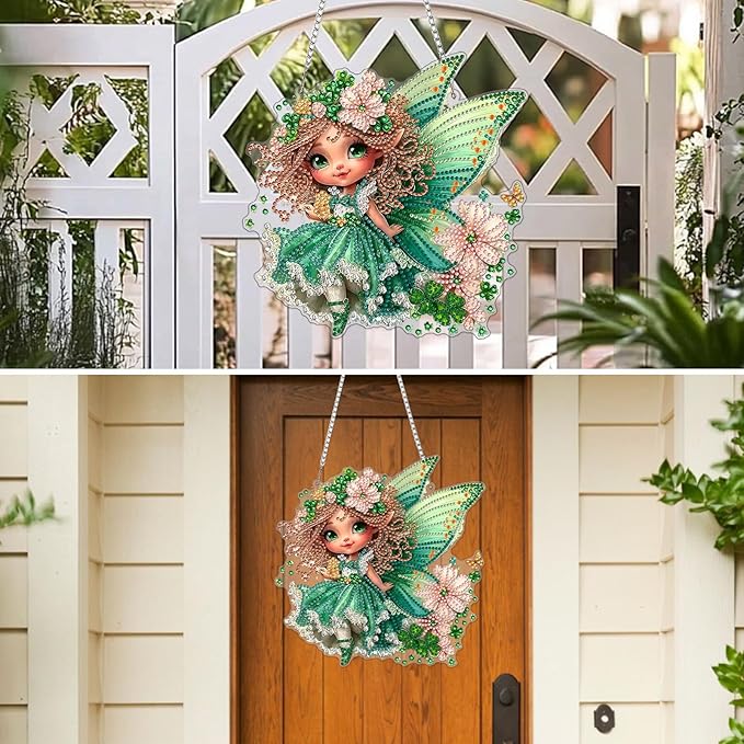 MXJSUA St. Patrick's Day Fairy Special Shaped Hanging Diamond Painting Art Kits for Adults, Crystal Rhinestone Acrylic Gem Art Pendant Ornaments Kit for Home Decor and Gift 7.87 * 7.87 Inch