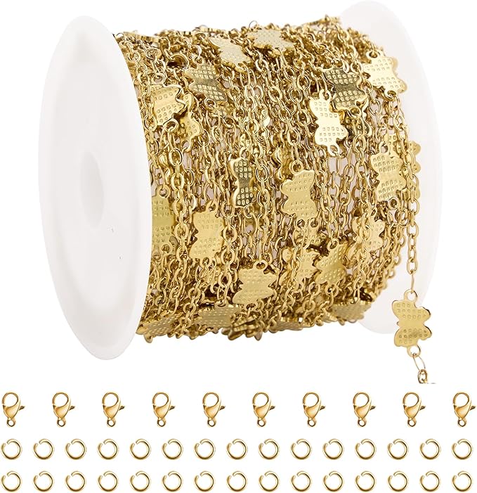 GTVOODX 18k PVD Gold Butterfly Chain for Jewelry Making 5 Meters Stainless Steel Cable Chain Spool Bulk for DIY Bracelet Necklace with 10 Lobster Clasps and 30 Jump Rings