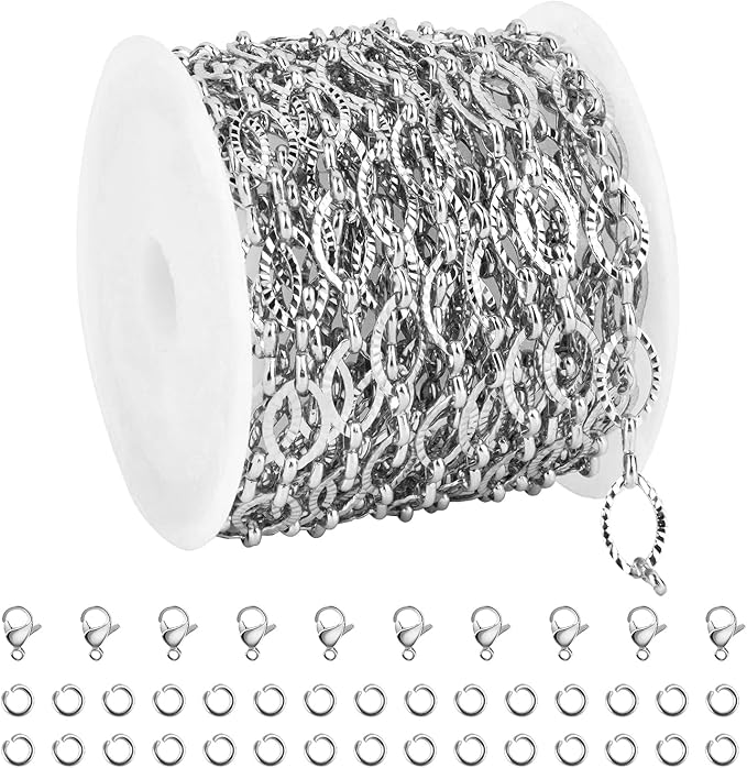 Kyutong Texture Oval Circle Chains for Jewelry Making 16.4 Feet Stainless Steel Silver Chain with Jewelry Supplies for Men Women DIY Necklace Crafts