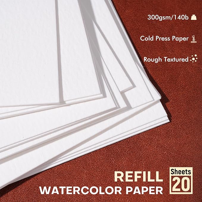 Fuumuui Travel Watercolor Large Paper Refill - 20 Sheets 140 LB (300 GSM) Cold Pressed, Acid-Free Cotton Paper for Painting, Drawing, Art Journaling, Sketchbook As Travel Notebook - 4.9 * 6.9 Inches