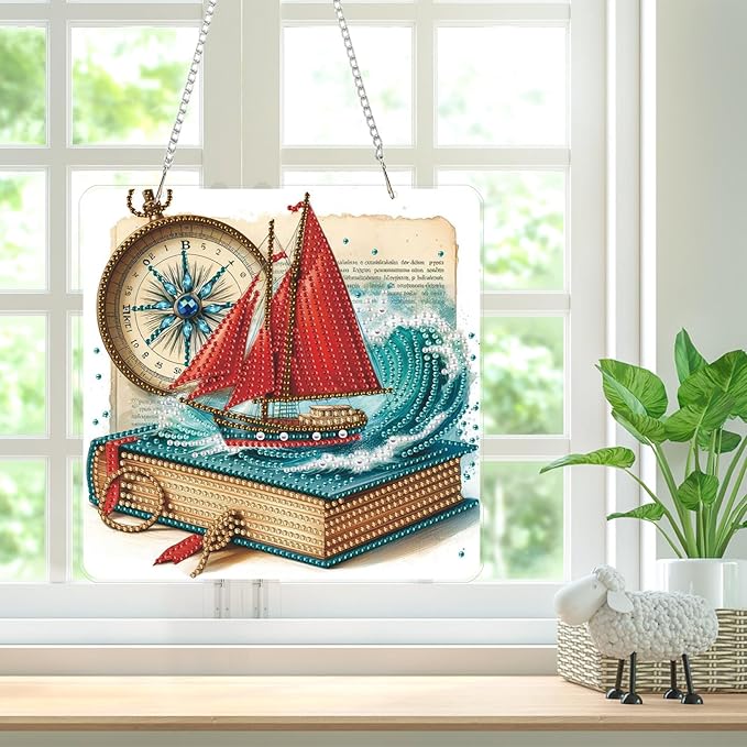 Diamond Art Hanging Kits for Adults, Diamond Art Suncatchers Nautical Adventure with Compass & Book, 5D Special Shape Diamond Painting Pendant Window Ornament Gifts for Home Decor