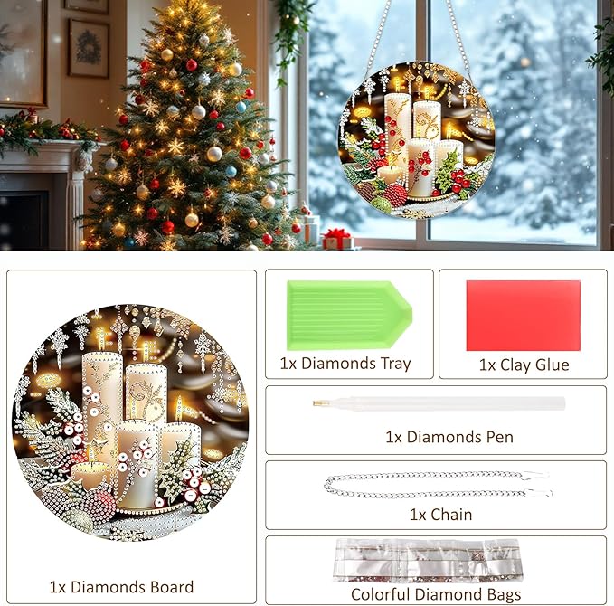 SENQAO Christmas Diamond Art Hanging Kits for Adults Kids, Christmas Candles Diamond Art Suncatchers, 5D Special Shape Diamond Painting Pendant Window Ornament Gifts for Home Door Wall Decor