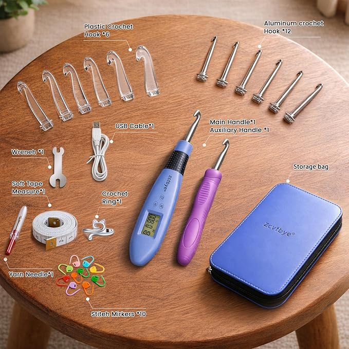 Light up Crochet Hook Set with Stitch Counter Crochet Kit with 22 Different Size Interchangeable Crochet Needle,Ergonomic with 2 Levels Led and Digital Stitch Counter for Crocheting and Knitting