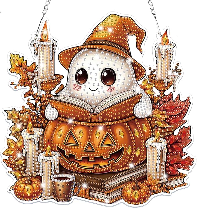 Bowetile Halloween Diamond Art Hanging Kits for Adults, Ghost Diamond Art Suncatchers, 5D Special Shape Diamond Painting Pendant Window Ornament Halloween Gifts for Home Door Wall Decor