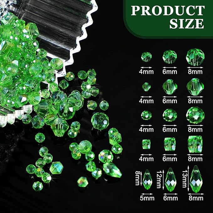 Kigeli 1280 Pcs Glass Beads Bulk Assorted Crystal Beads for Jewelry Making Faceted Teardrop Rondelle Briolette for DIY Crafts Necklace Wristband Earring Kit(Classic,Green)