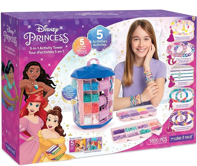Disney Princess: 5-In-1 Activity Tower - 1600 Pieces Spinning Vertical Platform, Make It Real, 5 Removable Storage Trays, 5 Princess Charms, Various Types Of Beads, DIY Unique Jewelry Kit, Ages 8+