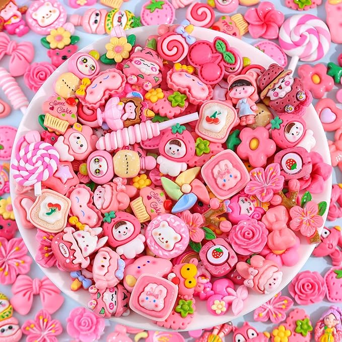 100PCS Rose Pink Slime Charms Cute Flatback Resin Charms for Slime, Random Kawaii Decoden Charm for Embellishments Phone Junk Case Charms Bulk, Hairpins Scrapbooking Crafting & DIY Decor
