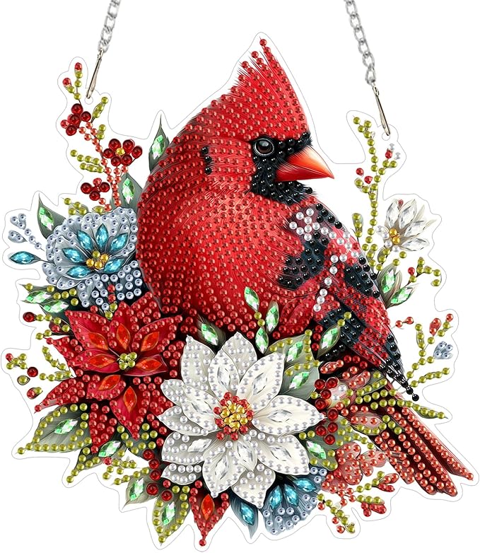 MEIYUDA Christmas Diamond Art Hanging Kits for Adult, Flowers Cardinal Diamond Painting Hanging Kits Ornaments, DIY Special Shaped Rhinestone Window Pendants kit for Home Garden Wall Decor Gift