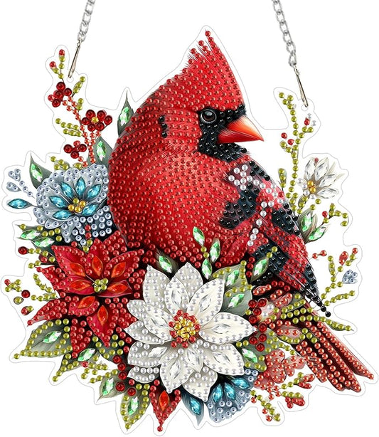MEIYUDA Christmas Diamond Art Hanging Kits for Adult, Flowers Cardinal Diamond Painting Hanging Kits Ornaments, DIY Special Shaped Rhinestone Window Pendants kit for Home Garden Wall Decor Gift