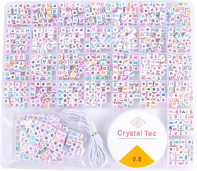 L'EclatDina Set Letter Beads Kit, 1300 PCS Alphabet Beads, Round Number & Heart, 5m Elastic String for Jewelry Making, Ideal for DIY Friendship Bracelets