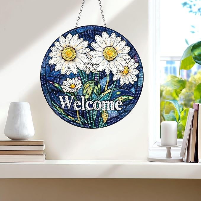 Wergund 5D DIY Welcome Diamond Art Hanging Kits, Hanging Diamond Art Daisy, Acrylic Special Shaped Rhinestone, Window Hanging Pendants for Home Wall Garden Front Door Outdoor Decor Gift(Welcome)
