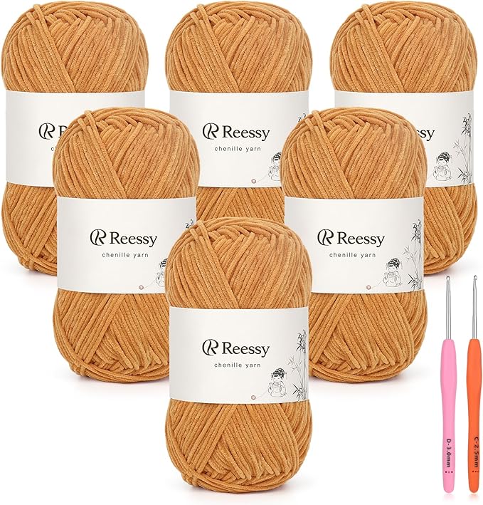 Skinny Chenille Yarn for Crocheting - 6 Pack of 50g/158yd (948yd Total) - Soft Matte Thin Chenille CYC #2 - Fine Weight Baby Yarn for Plush Toys, Baby Blankets & Small Crafts(Walnut)