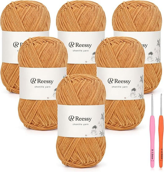 Skinny Chenille Yarn for Crocheting - 6 Pack of 50g/158yd (948yd Total) - Soft Matte Thin Chenille CYC #2 - Fine Weight Baby Yarn for Plush Toys, Baby Blankets & Small Crafts(Walnut)