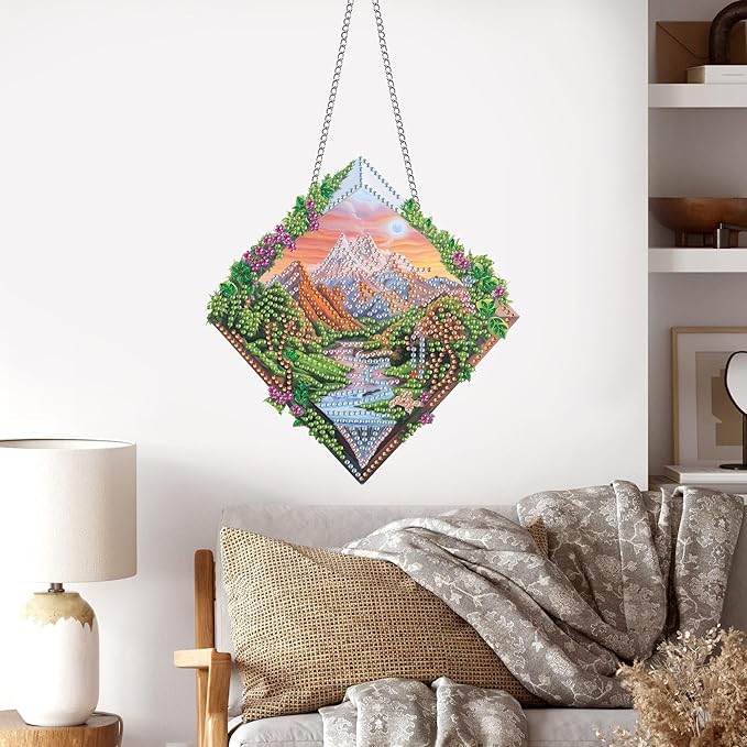 Pavemlo Hanging Diamond Art Kits for Adults Landscape – 8x8 Inch Double-Sided Acrylic Board DIY Crystal Diamond Suncatcher Pendant, Sparkling Home Wall or Window Decoration Handmade Gift