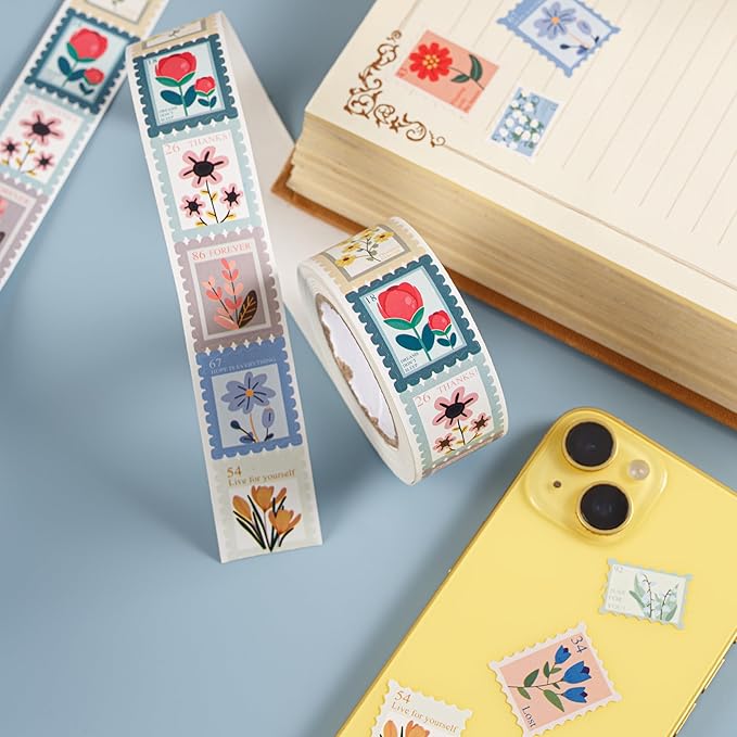 1000pcs flower stamp stickers roll for kids, 2 rolls 10 styles floral sticker rolls for scrapbook, planner, journal, envelope, card making, gift wrapping, party favors