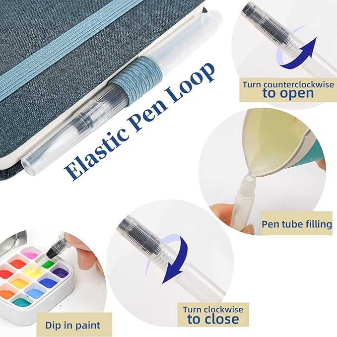 Vienrose Mini Portable Watercolor Palette Set for Travel & Outdoor Painting with 8.5" x 5.5" Linen Cover Watercolor Sketchbook, 24-Color Watercolor Paints, 3 Pens, Artist Tape & Storage Bag