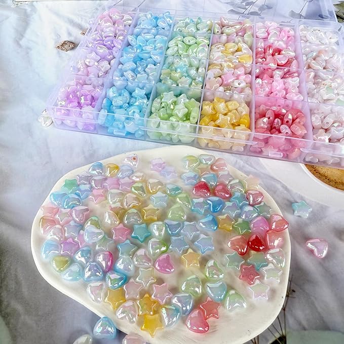 1000Pcs Acrylic Star Beads Hart Beads for Bracelet Jewelry Making, ABS Cute Acrylic Pastel Bead Colorful Assorted Aesthetic Rianbow Kawaii Bead Bulk for Bracelet DIY Craft Earring Phone Charm