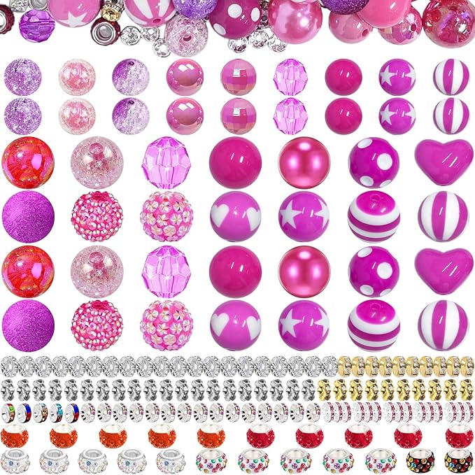 163 Pcs Pen Beads for Beadable Pens: Bubblegum Beads for Pen Making Bulk with Spacer Bead Rhinestone Bead (Rose Red)