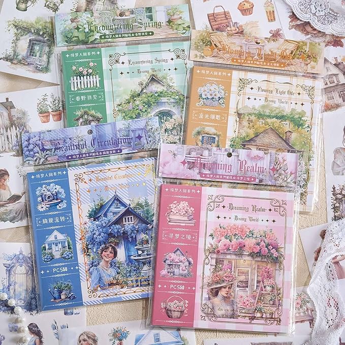 Garden Journaling Stickers, 50 Sheets Washi Junk Journal Sticker Book, Scrapbook Supplies, Watercolor Scrapbooking for Adults, Pink Decorative Ephemera Arts Craft