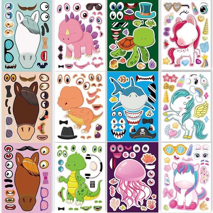 24 sheets 8.27''×5.9'' make your own stickers for kids toddlers, make a face stickers mix and match with unicorns dinosaur horse and sea animals for kids party favors activities