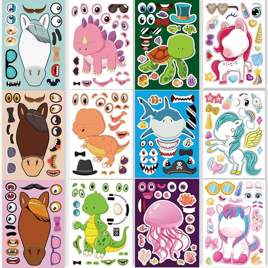 24 sheets 8.27''×5.9'' make your own stickers for kids toddlers, make a face stickers mix and match with unicorns dinosaur horse and sea animals for kids party favors activities