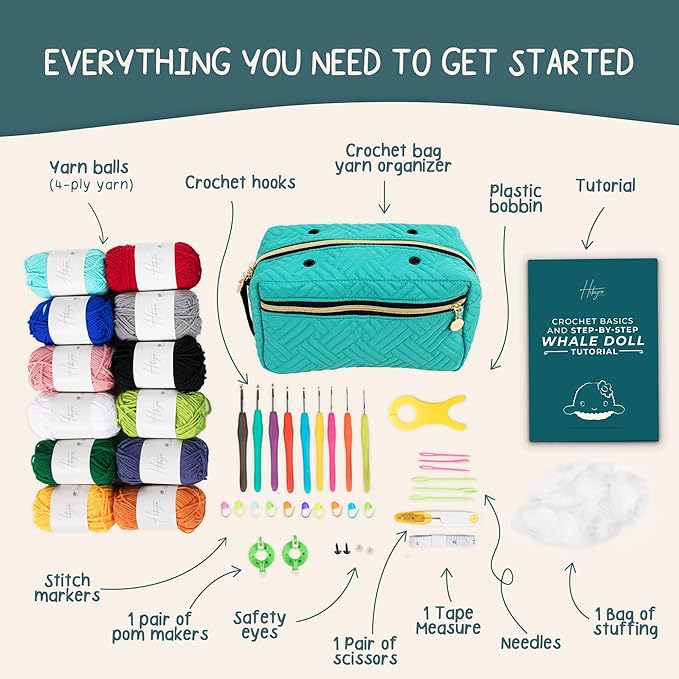 Hikiyose Crochet Kit for Beginners Adults - Crochet Accessories with 12 Soft Crochet Yarn Set, 9 Hooks, Storage Bag, Blue Whale Video Tutorial - Easy Crochet Kit for Beginners Kids, Hobbies for Women