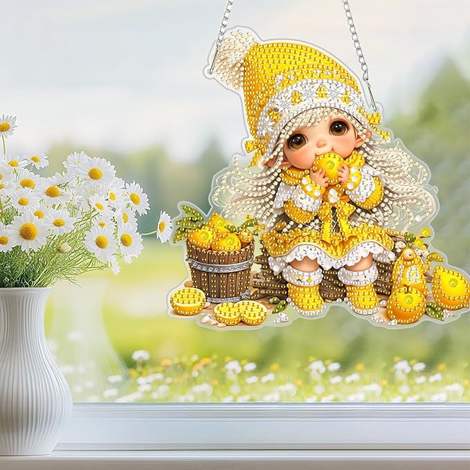 NEWENMO Diamond Art Hanging Kit for Adult, Fairy Lemonade, DIY Double Sided Acrylic Special Shaped Diamond Art Painting Window Pendant Lemon Party, Home Garden Wall Hanging Ornament Kits