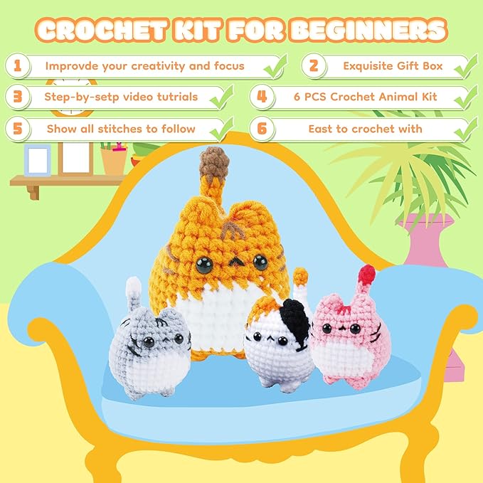 Crochet Kit for Beginners-4PCS Cat Crochet Kits for Adults, Teacher Appreciation Gifts, Crochet Starter Kit with Step-by-Step Video Tutorials, Crochet Animals Kits DIY Craft Kit Learn to Crochet Kits