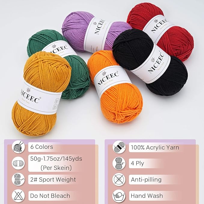 NICEEC 300g Soft Assorted Colors Yarn - Sport Weight,100% Acrylic, 4 Ply, Bonbons Yarn for Crochet & Knit, DIY Project Starter Kit for Kids or Adults(Total 870yds) - Halloween