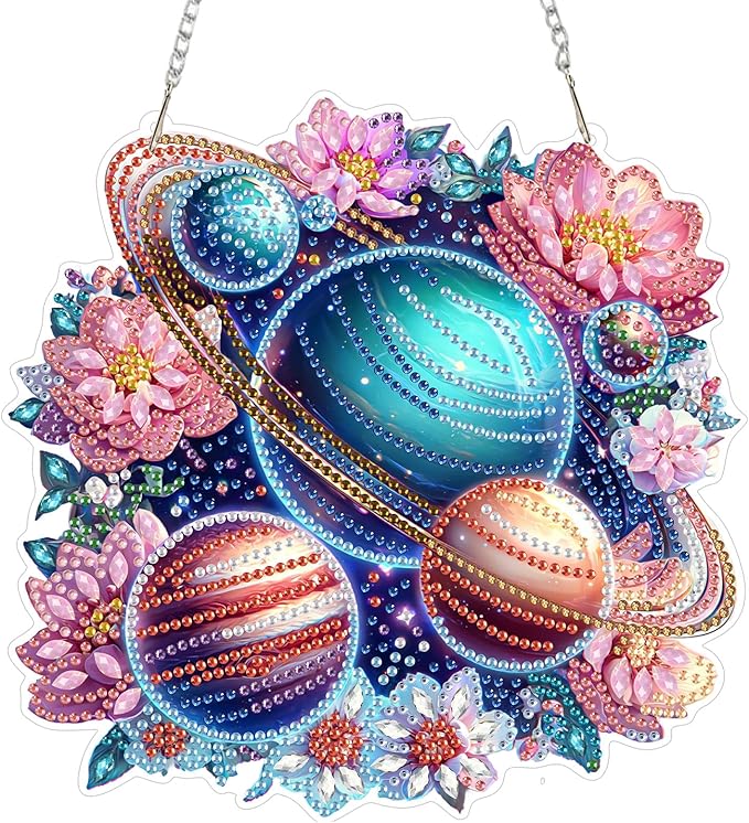Lxmsja DIY Planets Rings Diamond Painting Hanging Ornament, Double-Sided Acrylic Colorful Planets Diamond Art Kit, Special Shaped Suncatcher Hanging Pendant Window Art Kit